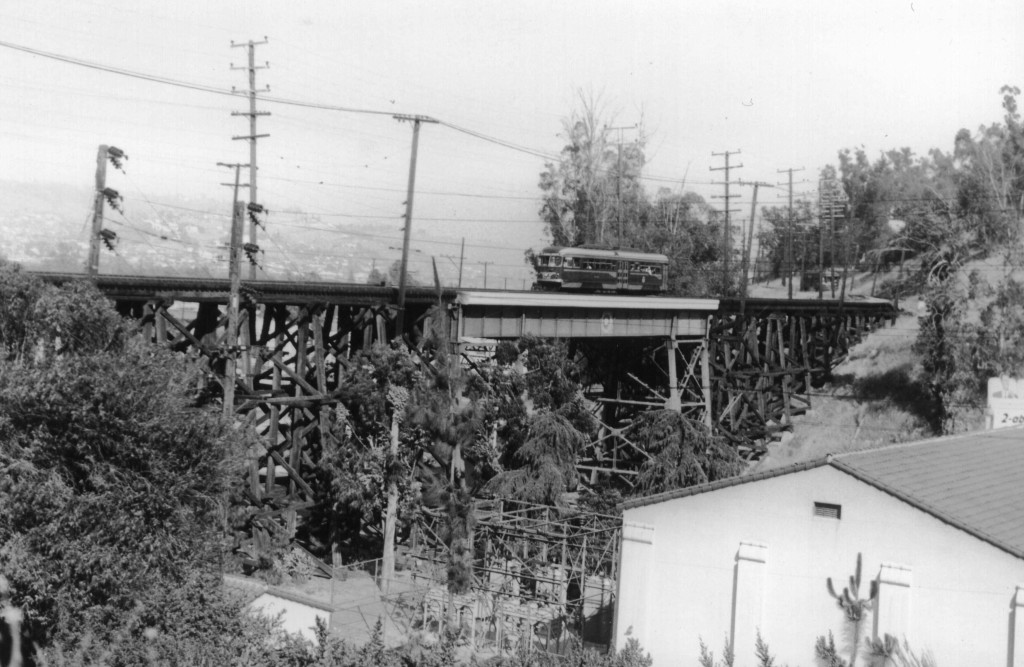 Fletcher Drive Viaduct; 5010 on bridge and 5160 at rear. Loren Ayers photo, Ayers Family Collection.