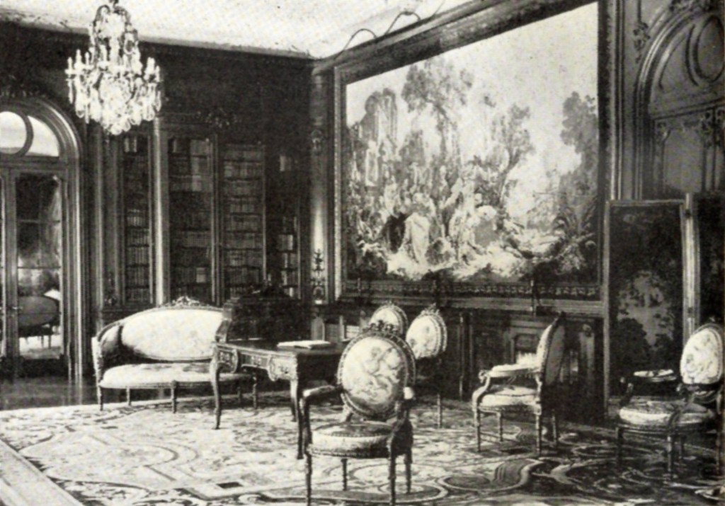 This view shows the library in the Art Gallery. On the wall is the tapestry, “The Fountain of Love,” one of a set of five panels, known as “La Noble Pastorale,” designed by Francois Boucher and woven at Beauvais in 1755-56. The rug is of the period of Louis XIV, and was made at La Savonnerie, where many rugs and panels for the Royal apartments were manufactured. Mount Lowe Preservation Society Inc. Collection