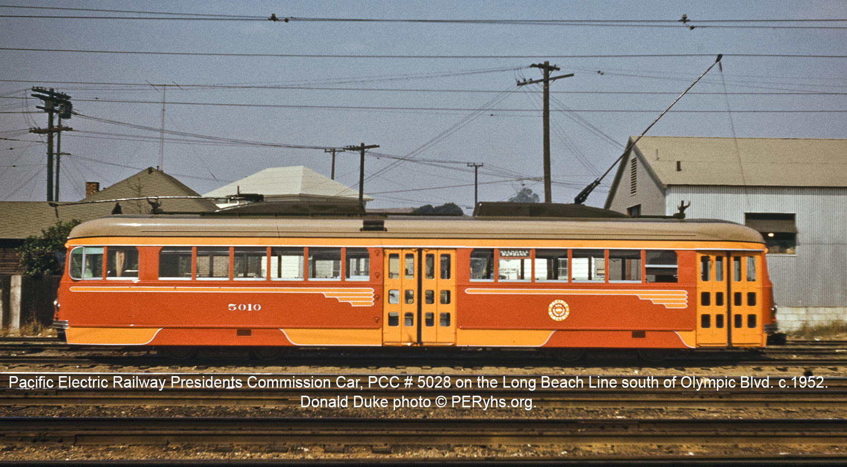 Pacific Electric Railway Presidents Commission Car, PCC # 5028 on the Long Beach Line south of Olympic Blvd. c.1952. Donald Duke photo © PERyhs.org.