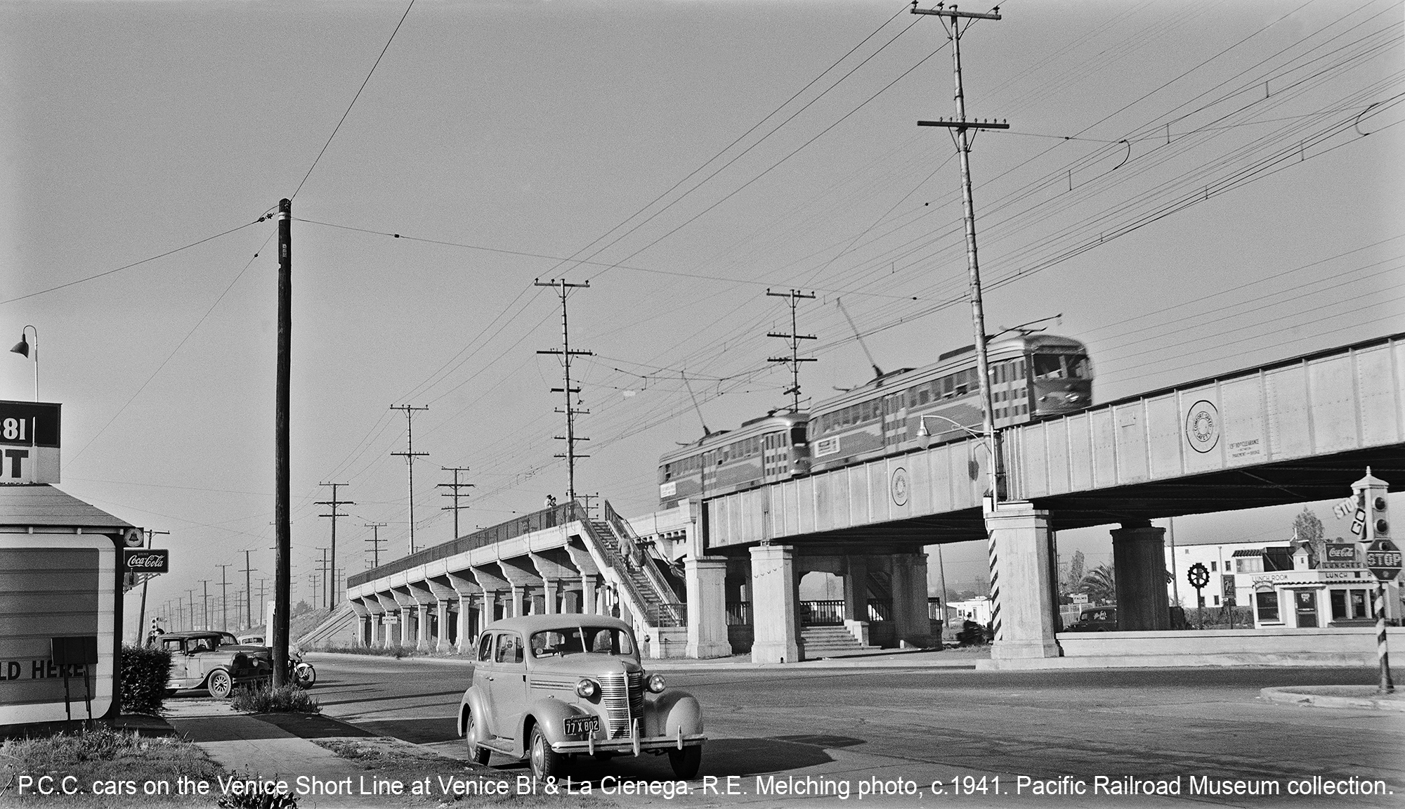 P.C.C. cars on the Venice Short Line at Venice Bl & La Cienega. Ralph E. Melching photo, c.1941. Pacific Railroad Museum collection.