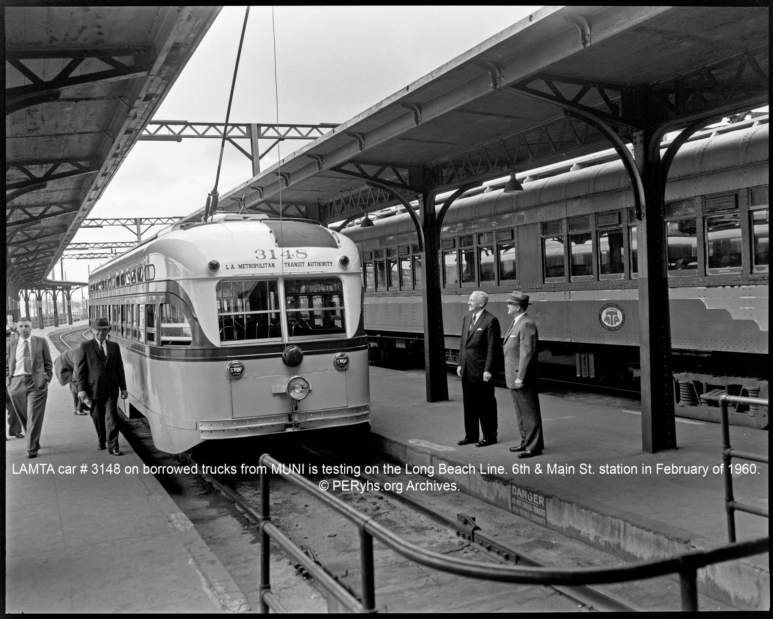 LAMTA car # 3148 on borrowed trucks from the San Francisco Municipal Railway is testing on the Long Beach Line, 6th & Main St. station in February of 1960. Notice the rear mounted headlight for backing all the way from Long Beach to L.A. © PERyhs.org.